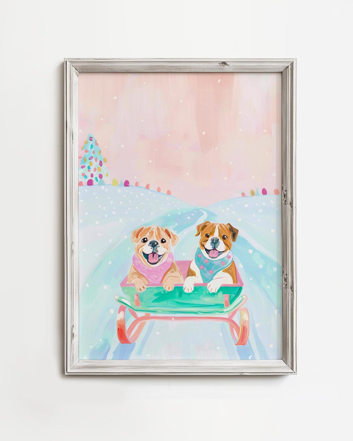 Bulldogs Sledding Winter Poster Pink Pastel Holiday Dog Gift