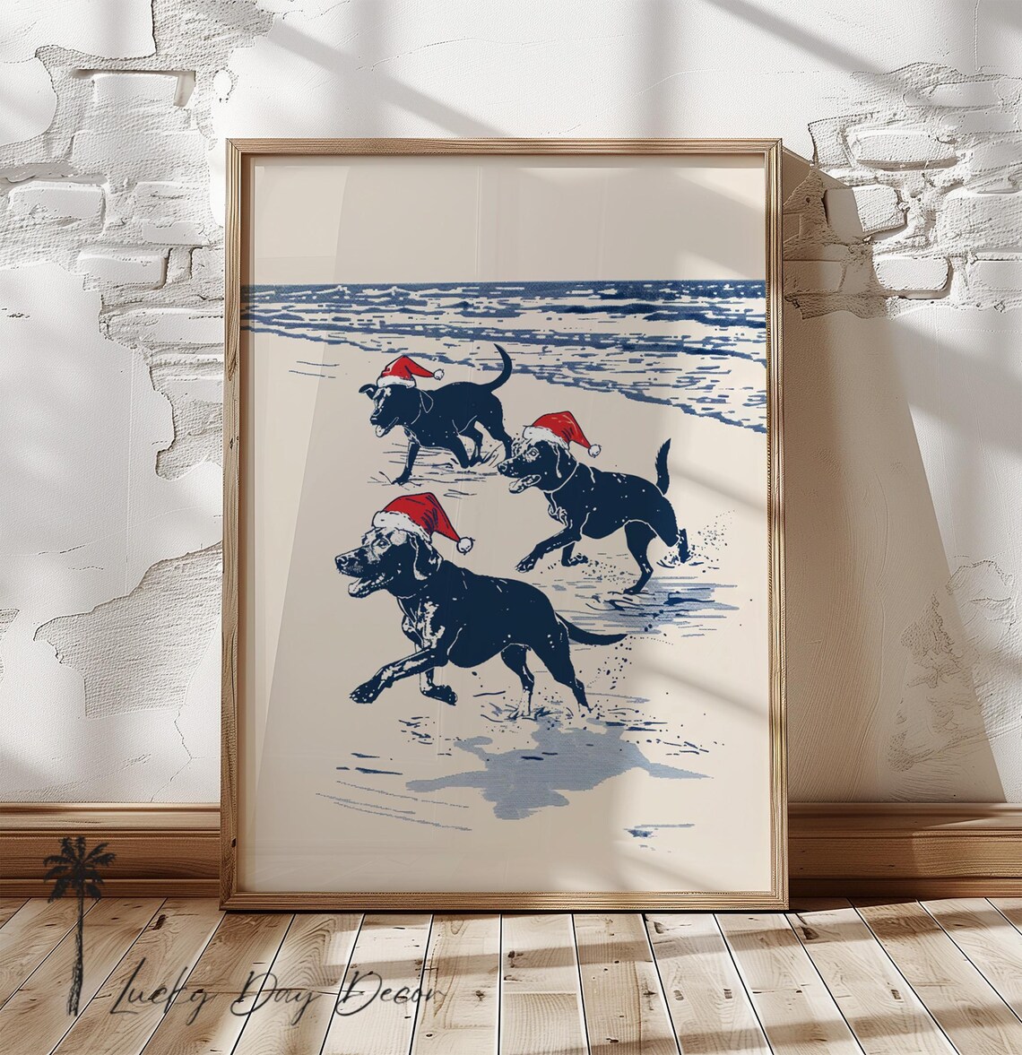 Christmas Dogs Labradors Run Santa Hats, Art Print