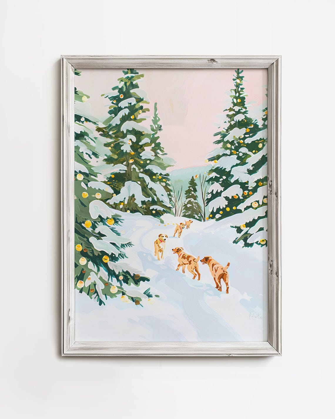 Happy Yellow Dogs Playing in Snow Winter Forest Holiday Poster