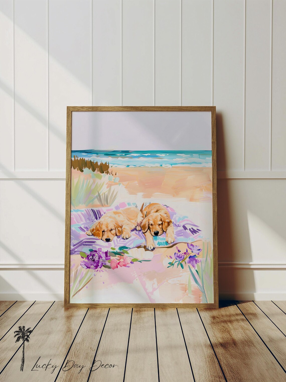 Golden Retriever Puppies Napping Beach Blanket Pastel Coastal Art Poster