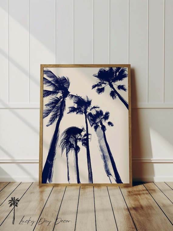 Coastal Breeze Palm Trees Navy Blue Vintage Beach Scene Art Poster