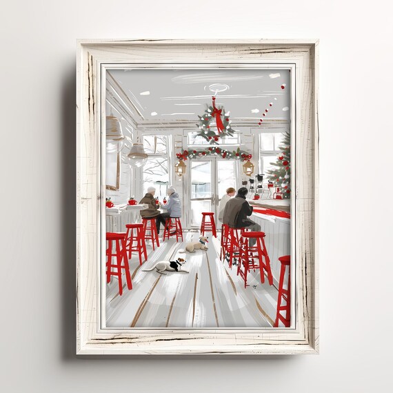 Cozy Christmas Cafe With Dogs Holiday Warmth Festive Art Poster