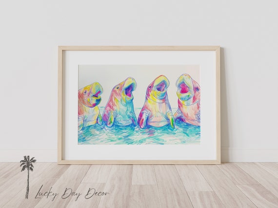 Sea Cow Yawns Colorful Whimsical Fun Humorous Animal Sketch Abstract Pastel Ocean Manatee