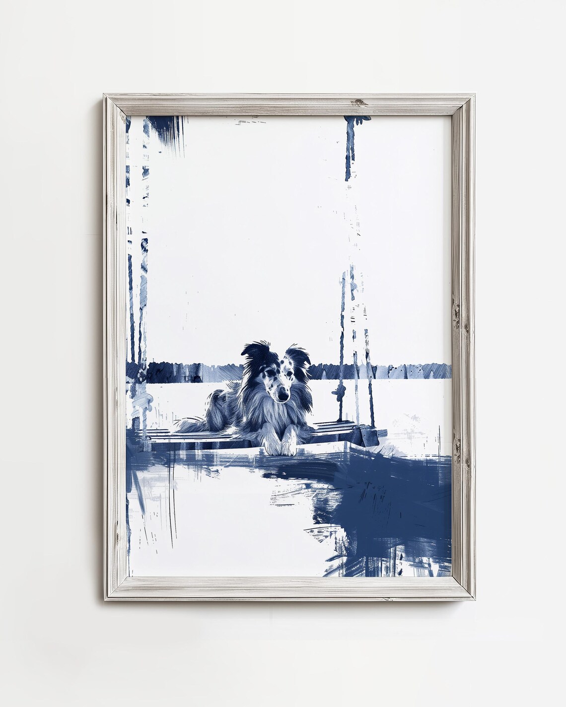 Collie Dog Resting On Dock Blue Watercolor Lake Scene Poster