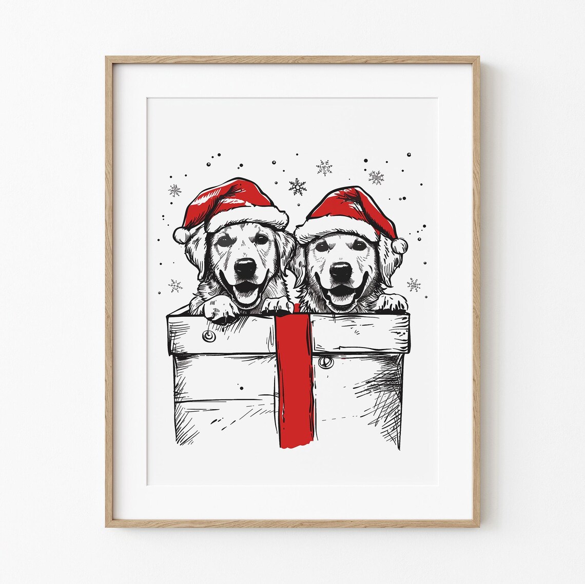 Golden Retriever Puppies Santa Hats Gift Box Cute Christmas Dog Wall Art