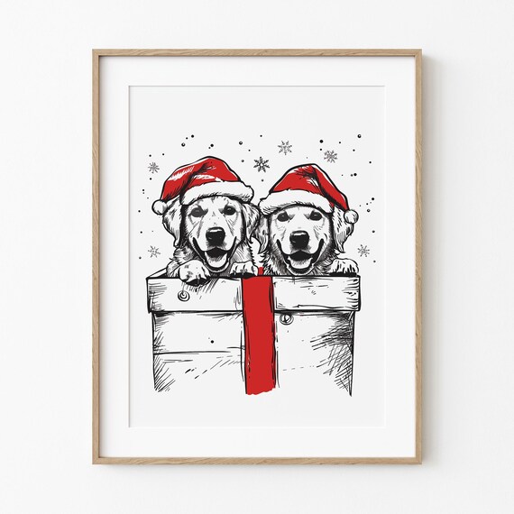 Golden Retriever Puppies Santa Hats Gift Box Cute Christmas Dog Wall Art