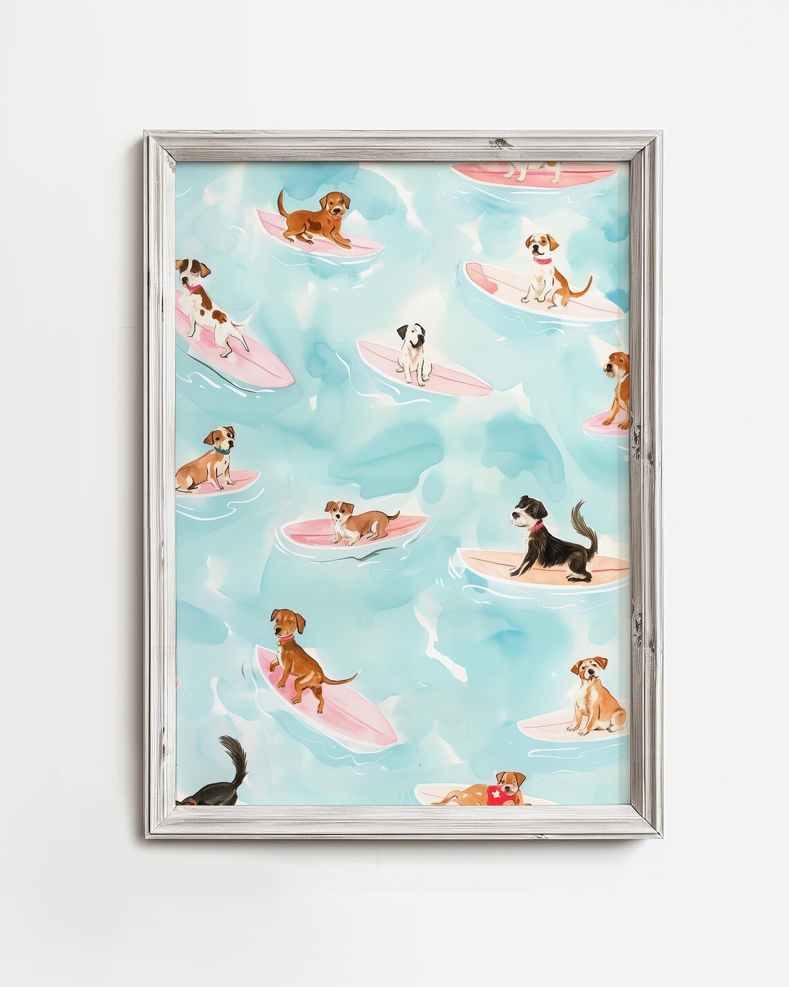 Happy Surfing Dogs Pastel Watercolor Coastal Beach Waves Poster