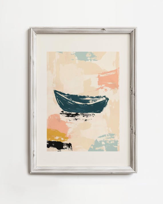 Pastel Boat Art Colorful Watercolor Abstract Nautical Boho Painting Simple Rustic Beach Coastal Home Decor