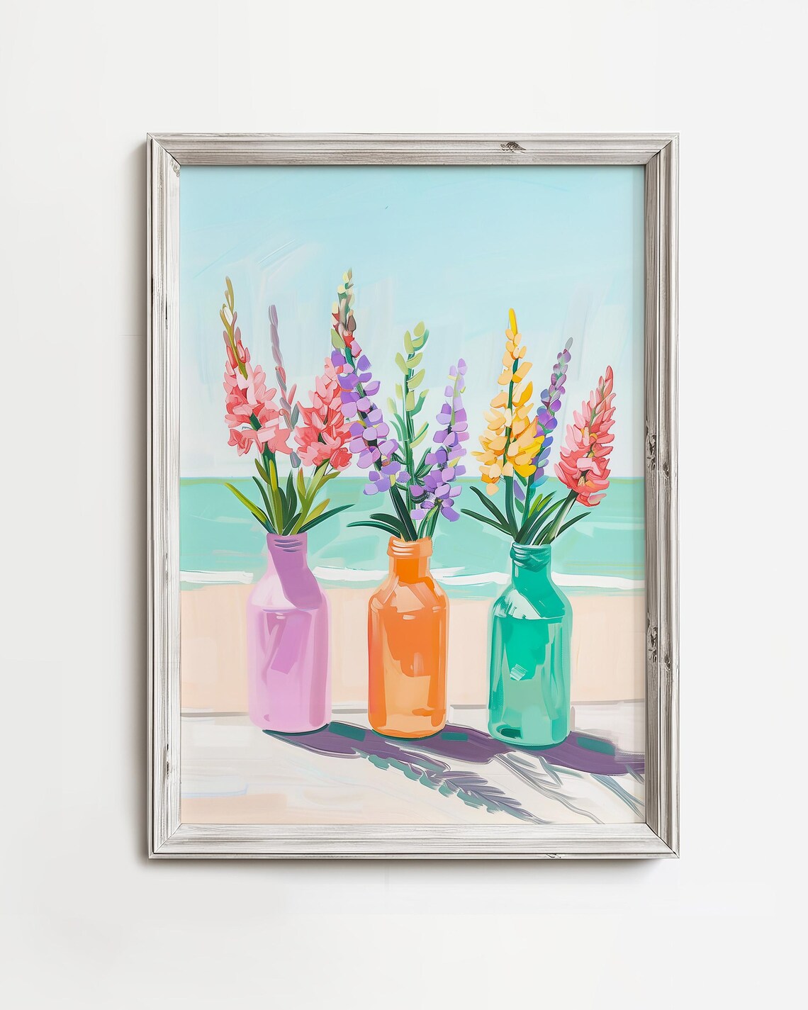 Beach Wildflowers In Colorful Bottles Ocean Shore Summer Art Print