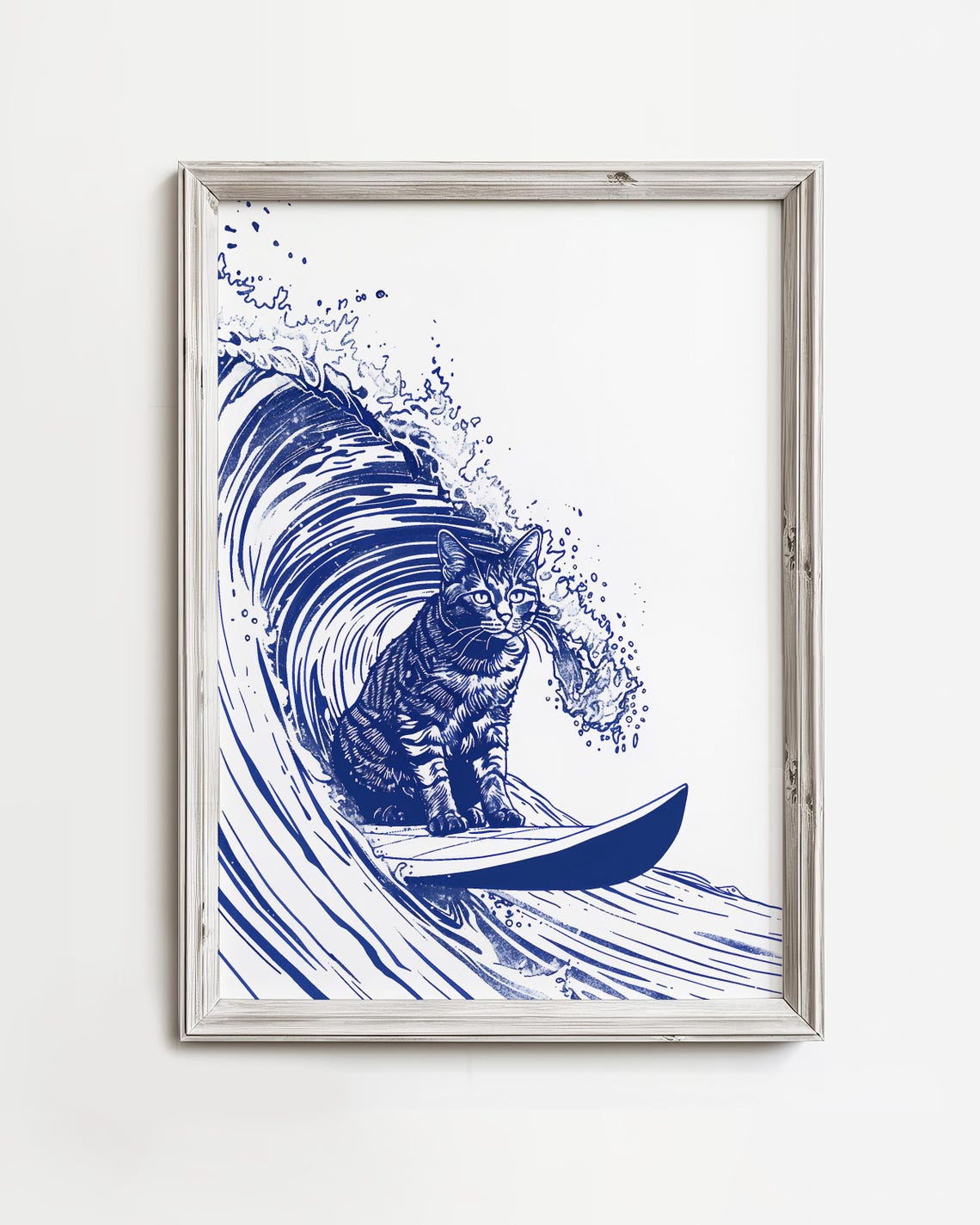 Joyful Surfing Cat Big Wave Navy Ink Fun Coastal Cat Art Poster