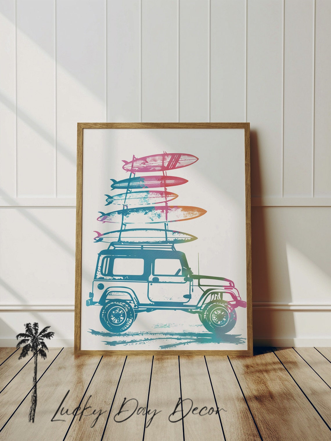 Buggie Going Surfing Jeep Stacked Boards Whimsical Art Poster