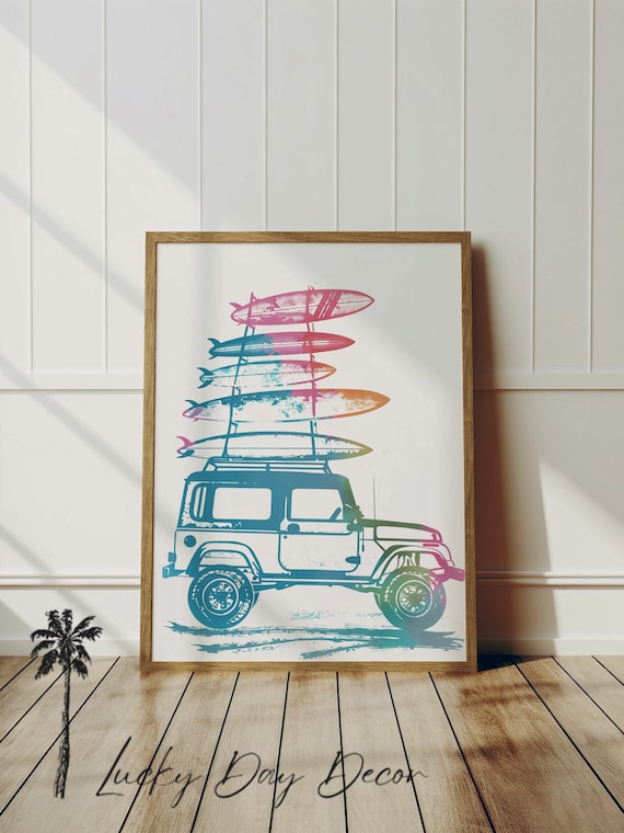 Buggie Going Surfing Jeep Stacked Boards Whimsical Art Poster