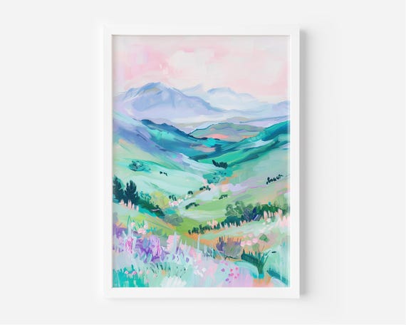Blue Kentucky Valley Painting Colorful Landscape Art Scenic Imagery Abstract Print Pink Pastel Home