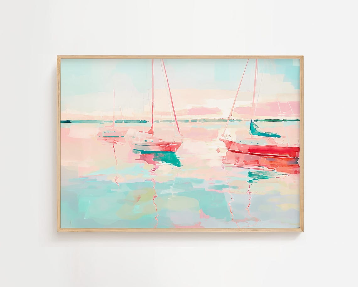 Red Sky Sailboats Pastel Watercolor Nautical Sunset Seascape Poster