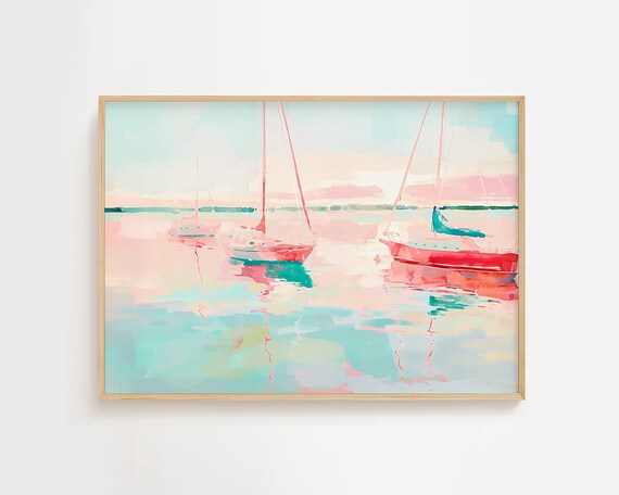 Red Sky Sailboats Pastel Watercolor Nautical Sunset Seascape Poster