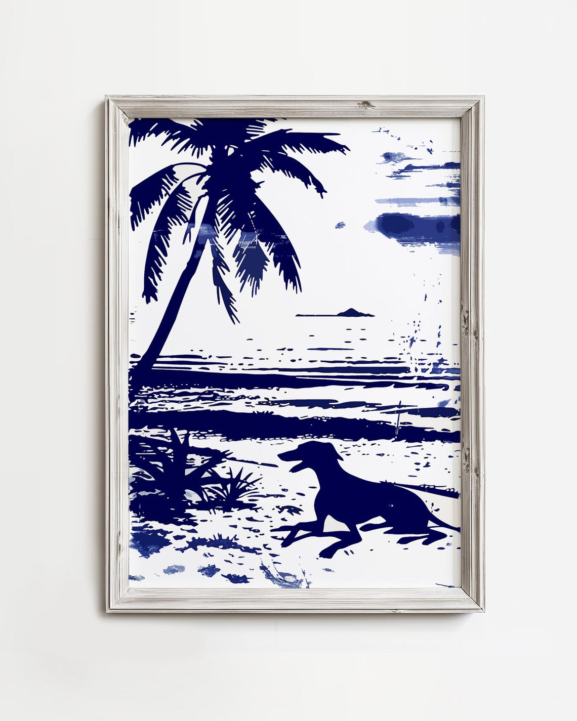 Italian Greyhound Resting On Beach Navy Coastal Silhouette Print