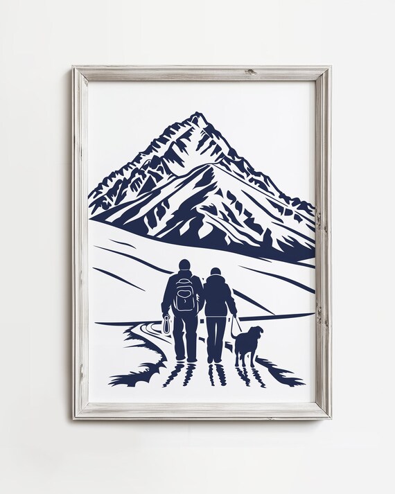 Couple Hiking With Dog Navy Silhouette Mountain Adventure Poster