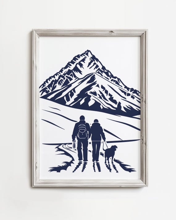 Hiking Dog Print Mom Dad Walk Outdoor Art Mountain Cabin Decor Navy Blue Transparent Sketch