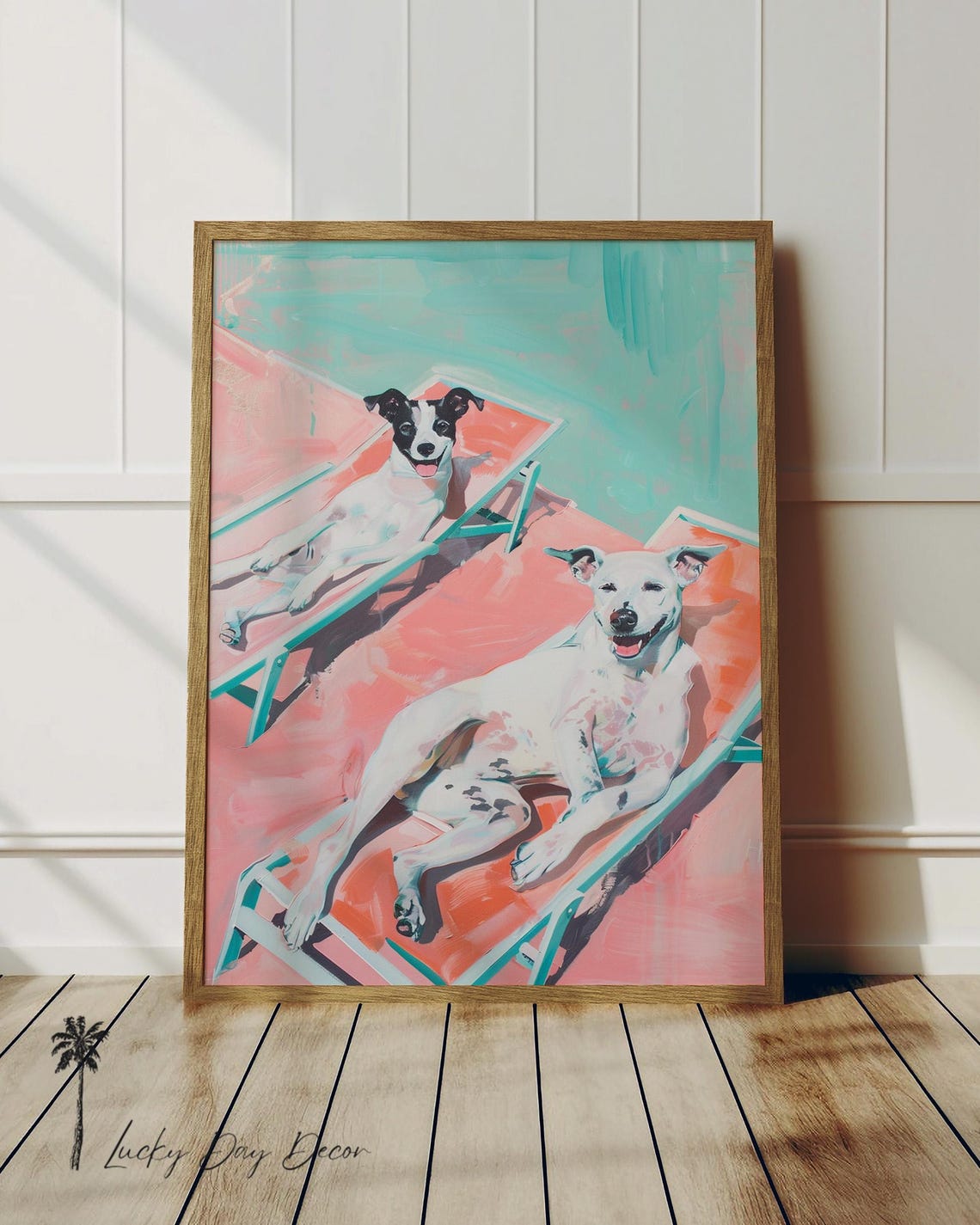 Poolside Dogs Lounging Coral Chairs Pastel Summer Whimsical Poster