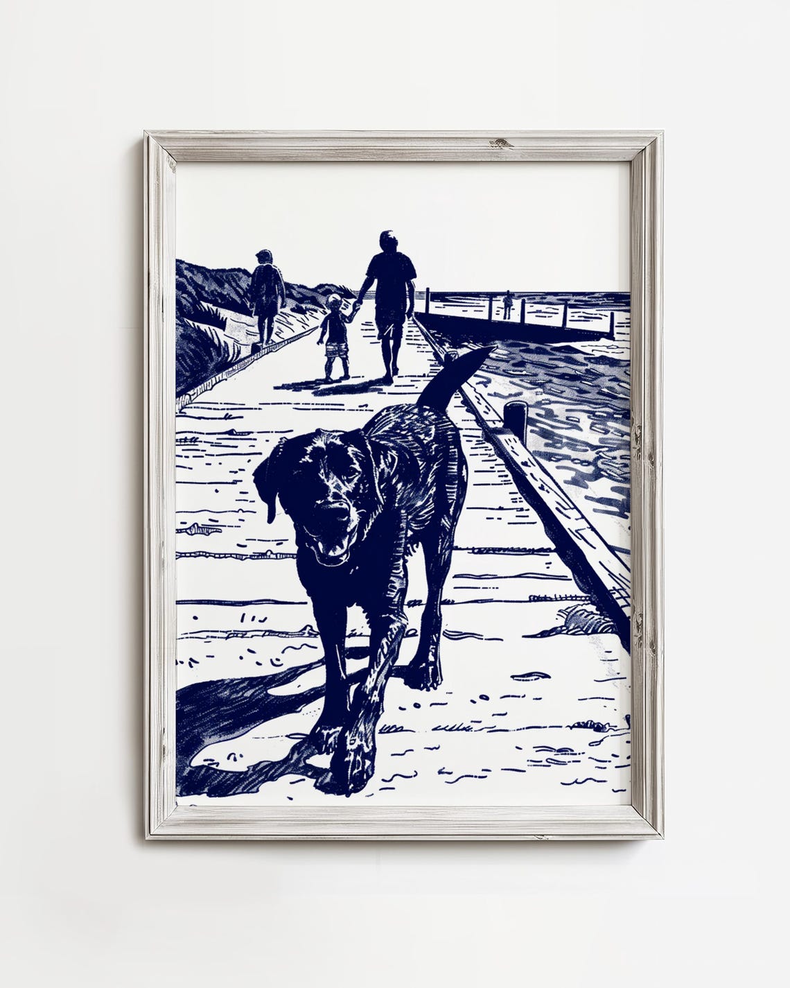 Labrador Walking Toward You on a Beach Pier Navy Sketch Poster