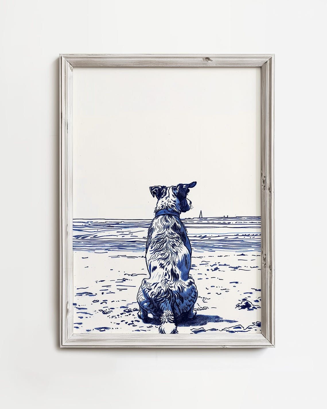 Scruffy Blue Sketch Dog Sitting On Beach Watching Sailboat Wall Art