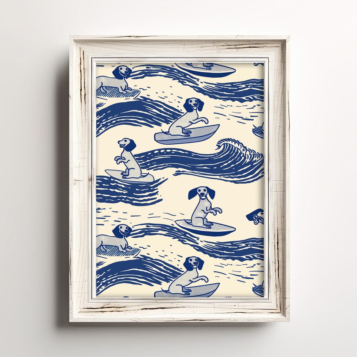 Dachshunds Surfing Waves Blue Cream Whimsical Dog Art Poster