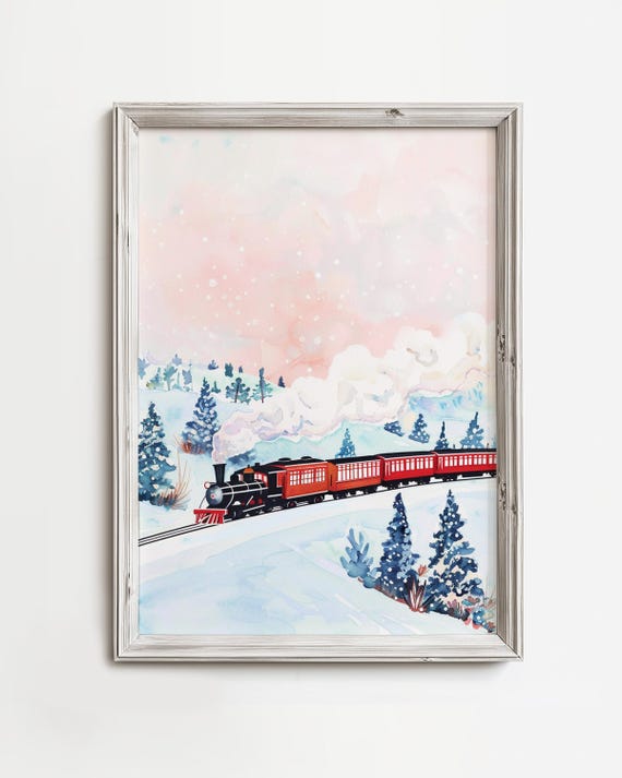 Vintage Mountain Side Train Pastel Pink Winter Art Polar Express Watercolor Holiday Decor Retro Seasonal