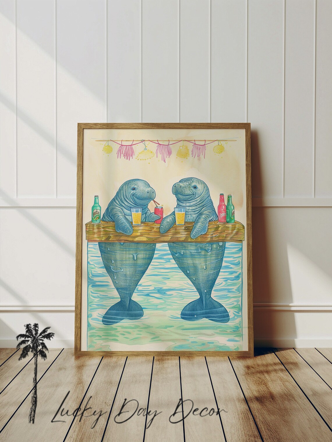 Two Manatees At Swim Up Bar With Tropical Drinks Happy Hour Poster