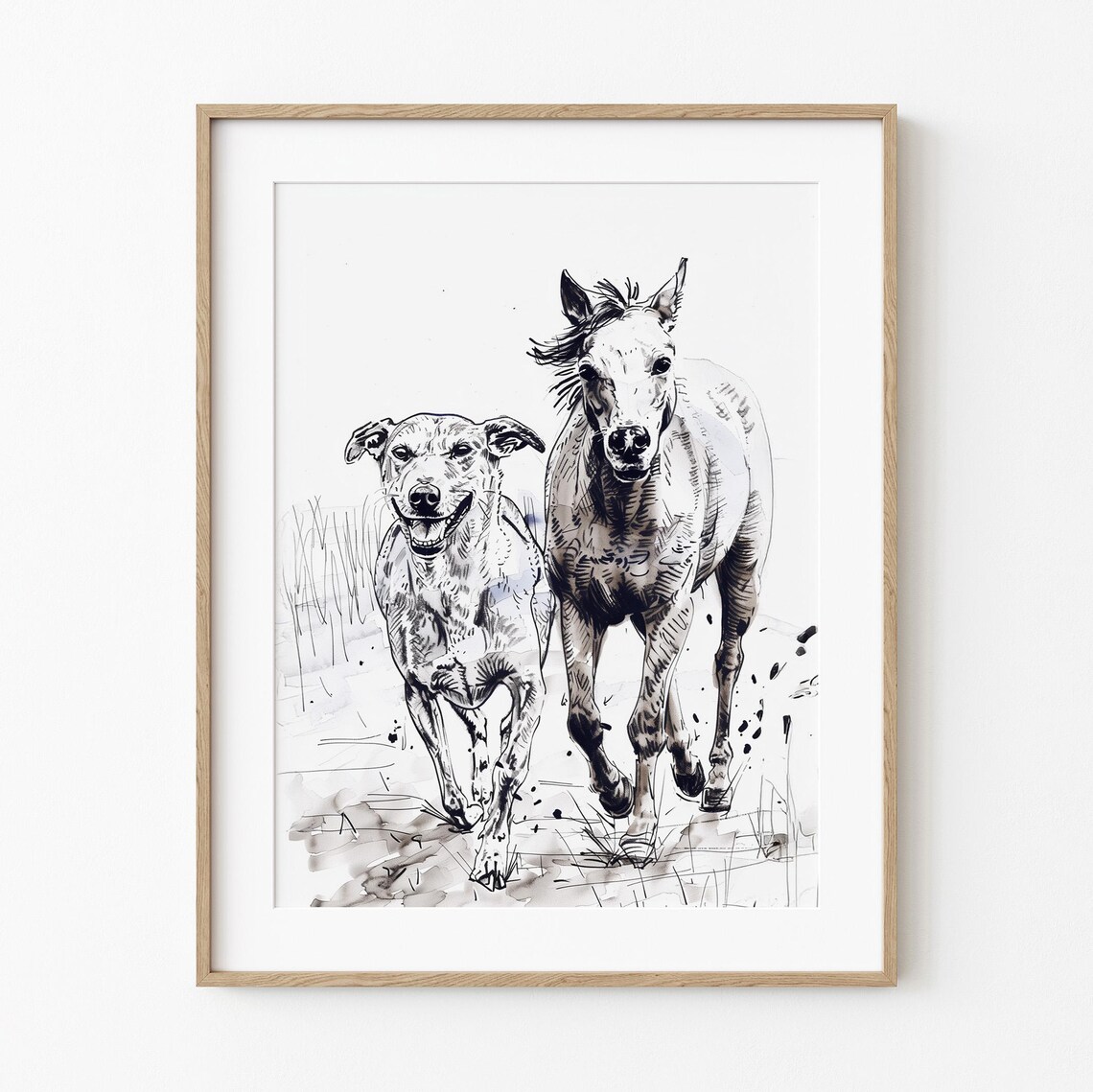 Dog And Horse Running Ink Sketch Poster Greyhound Colt Equestrian Art