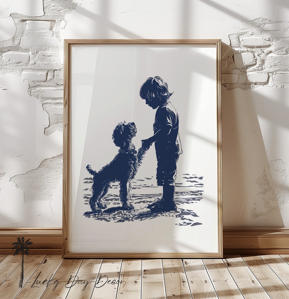 Boy Shaking Paw With Doodle Dog Navy Blue Silhouette Kids Art Poster