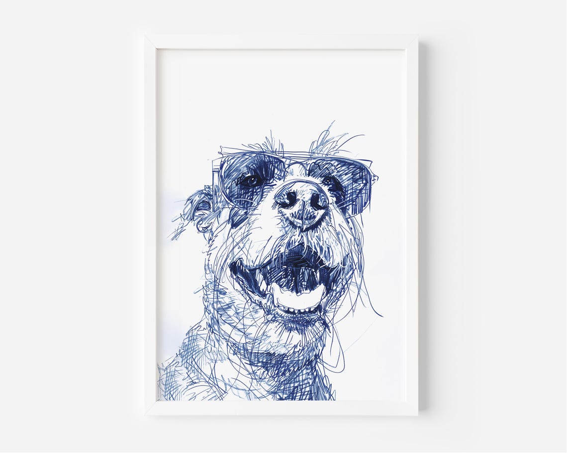 Happy Terrier with Sunglasses Sketch Navy Minimalist Dog Poster