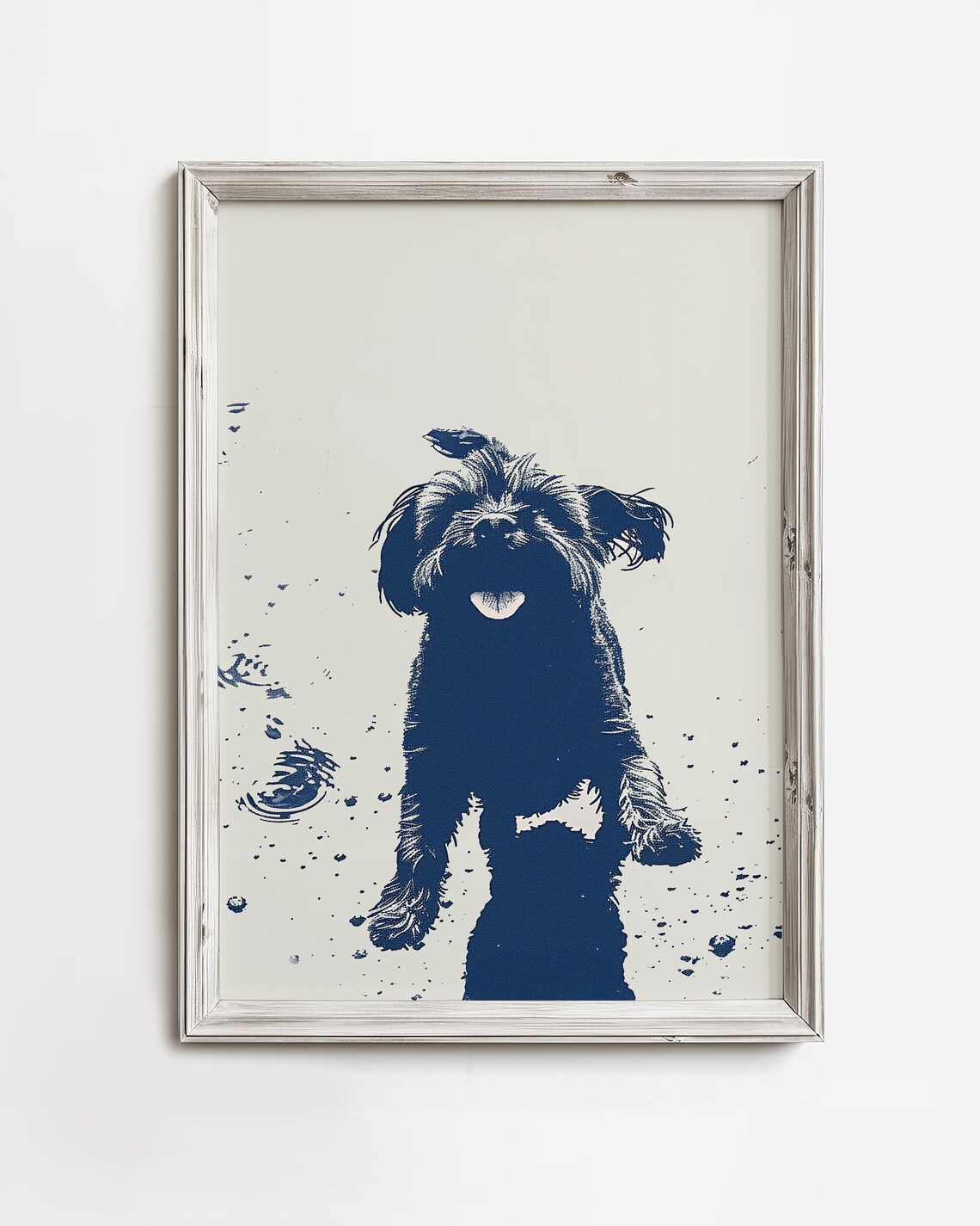 Happy Smiling Dog Puddle Splash Joyful Navy Ink Sketch Poster