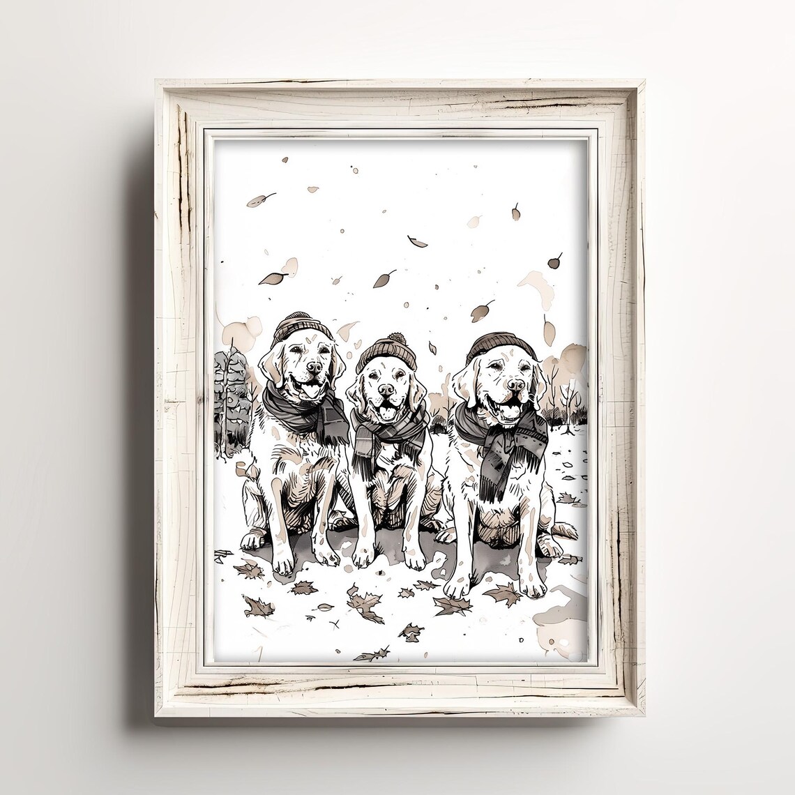 Three Labrador Dogs In Winter Hats And Scarves Falling Leaves Sketch Poster