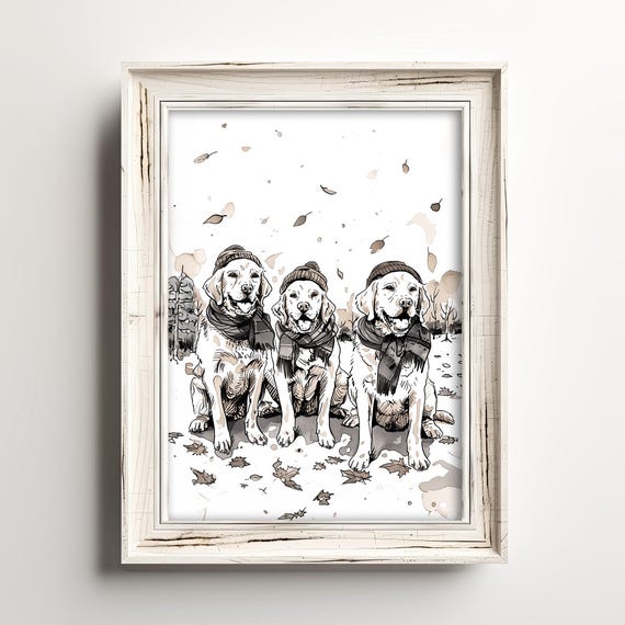 Cozy Fall Labradors Dog Sketch Art Adorable Lovers Print Autumn Season Wall Decor Minimalist Brown