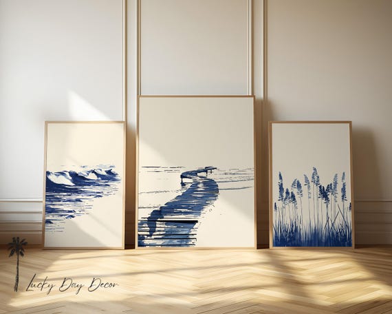 Blissful Beach Collection Waves Pier Grasses Minimalist House Decor Rustic Blue Coastal Sketch Ocean Cottage Art