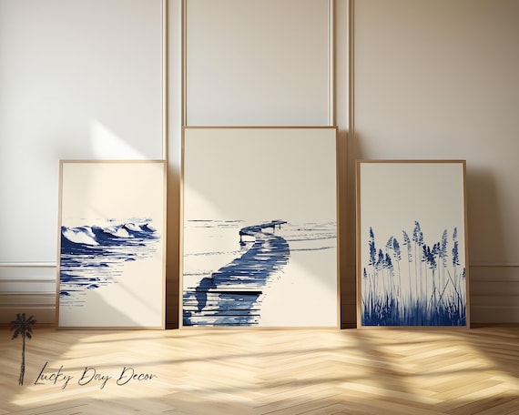 Coastal Trio Blue Ink Waves Pier Grasses Minimalist Beach Poster
