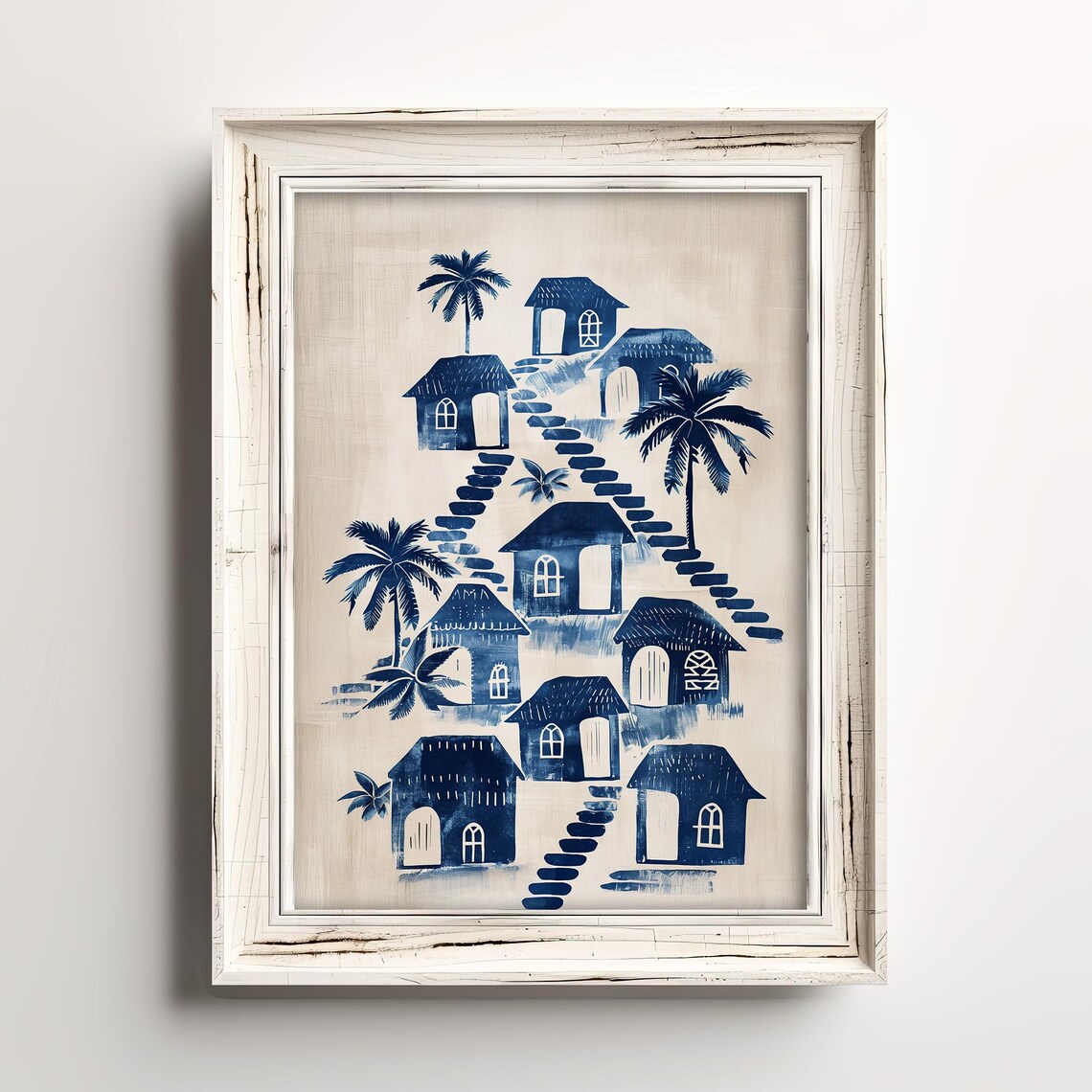 Tropical Island Village Huts Indigo Blue Watercolor Art Poster