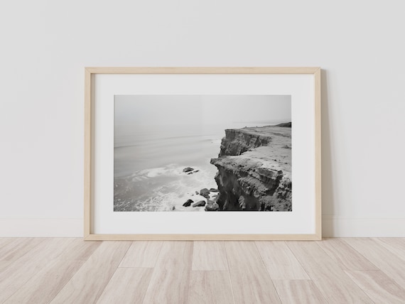 Black and White Coastal Cliff Photograph Above a Misty Ocean Poster