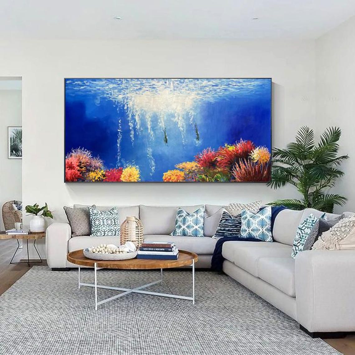 Underwater Ocean Coral Reef with Divers Blue Seascape Poster - Image 3