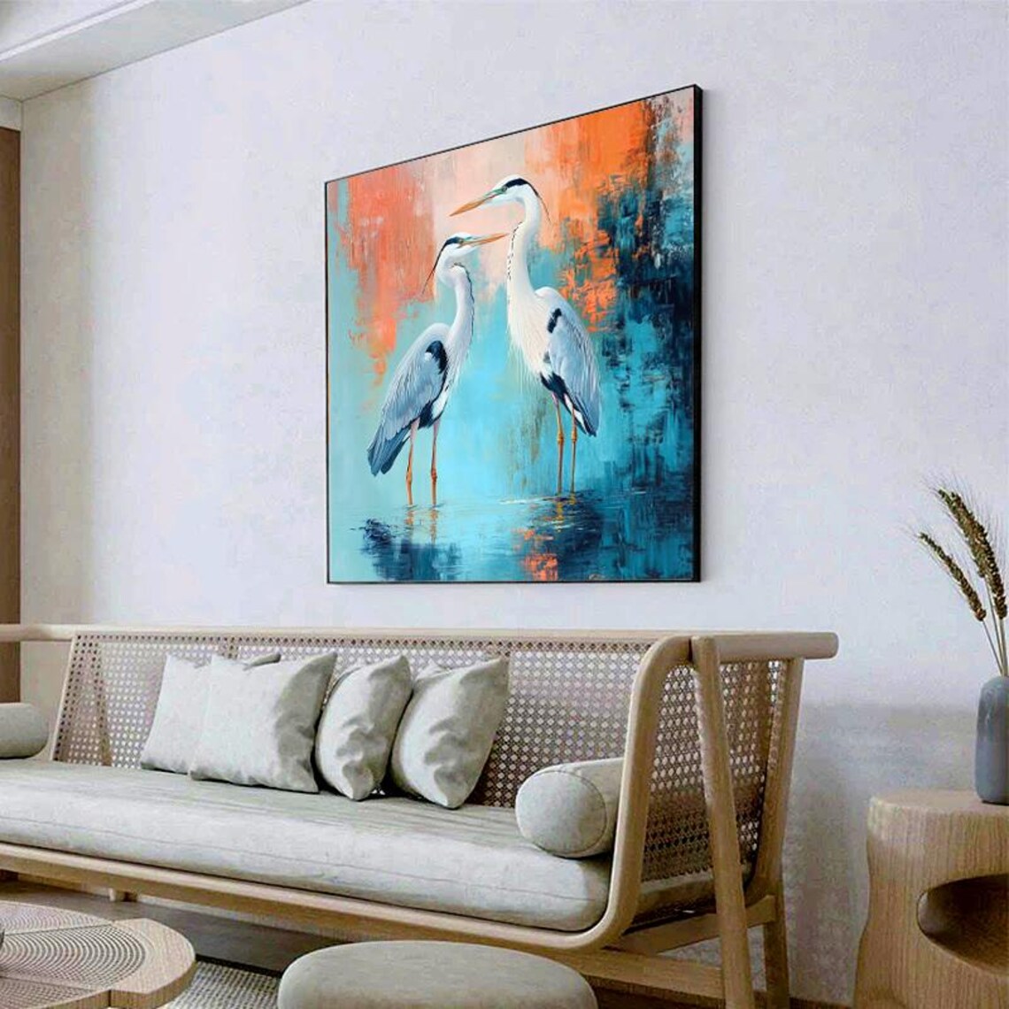 Two White Herons Teal Water Coral Sunset Abstract Painting Poster - Image 2