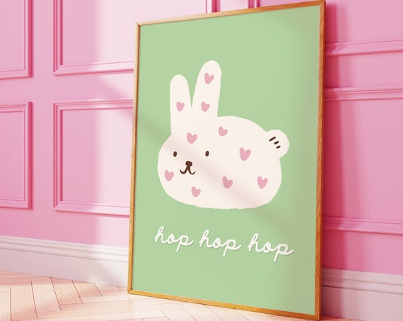 Cute Bunny Print Art Cute Rabbit Art Print Green Wall Art Trendy Easter Decor Nursery Decor