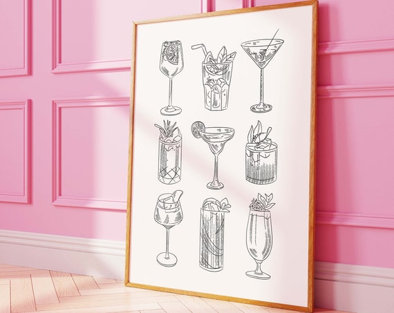 Cocktail Sketch Print Art Cute Neutral Bar Car Print Neutral Cocktail Bar Art Trendy Kitchen Wall Art