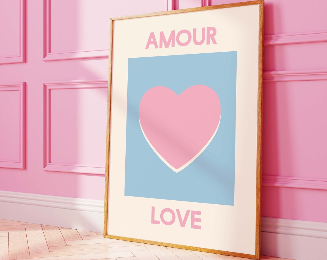 Amour Love Pink Heart Sky Blue French Inspired Room Decor Poster