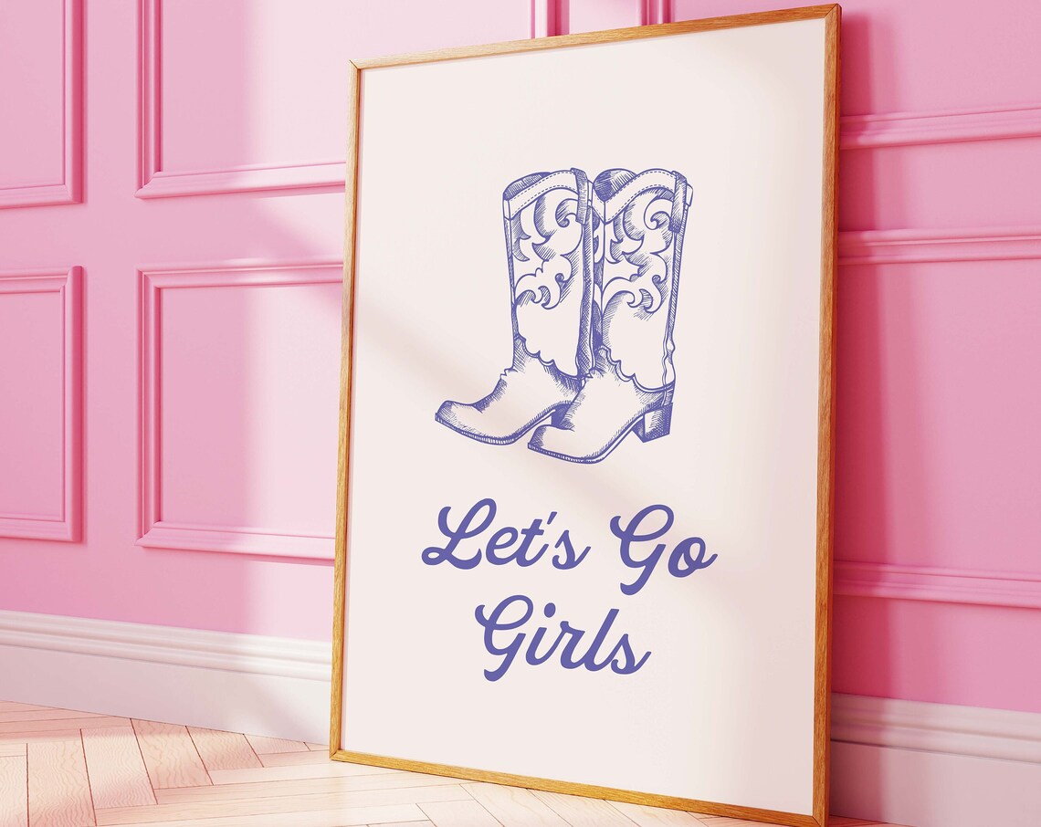 Lets Go Girls Cowboy Boots Purple Script Western Girl Art Poster