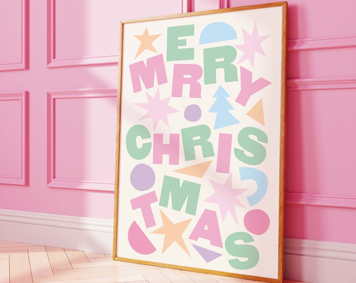 Merry Christmas Scattered Pastel Letters Playful Holiday Poster