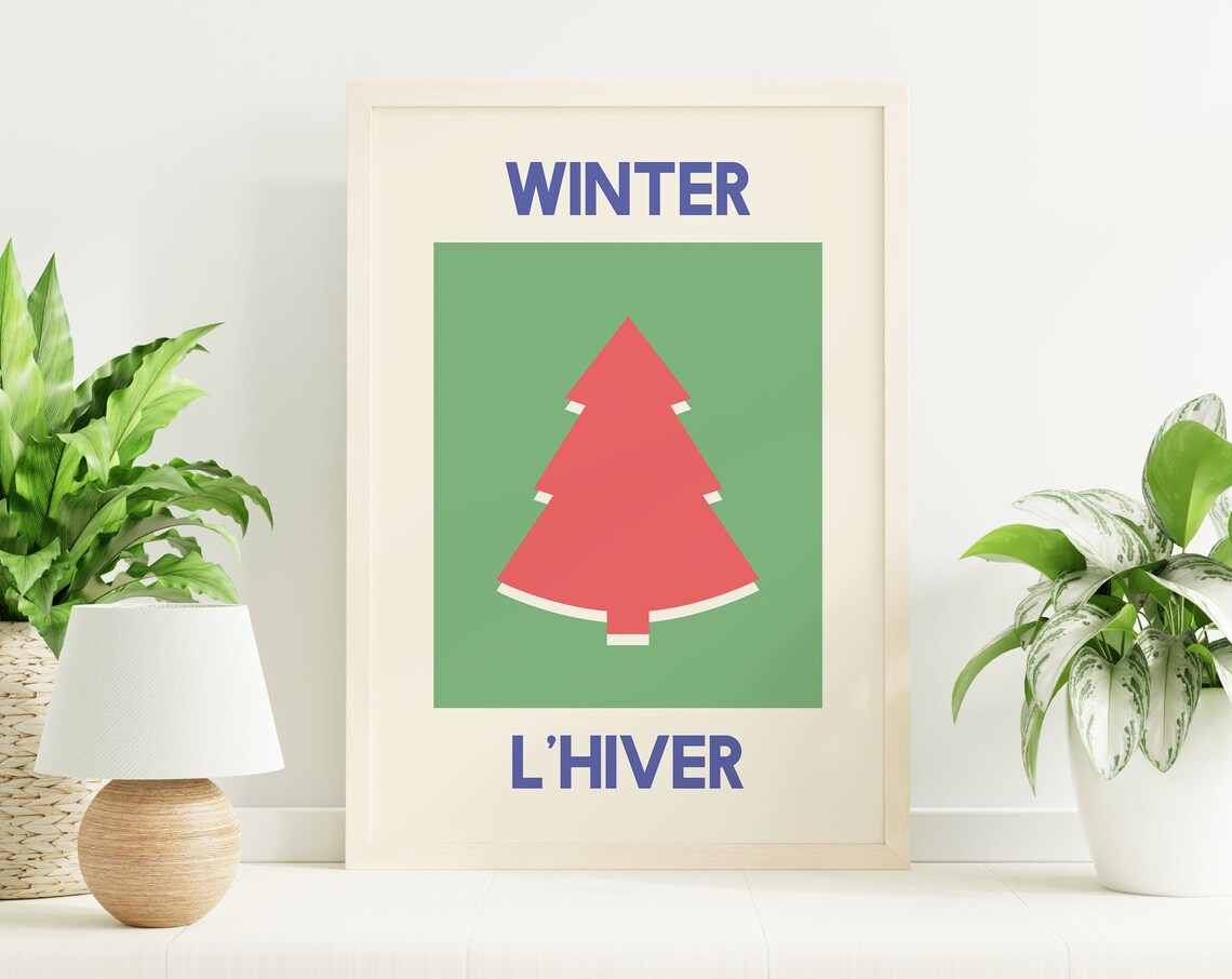 Winter L Hiver Red Tree Green Square Bilingual French Holiday Poster
