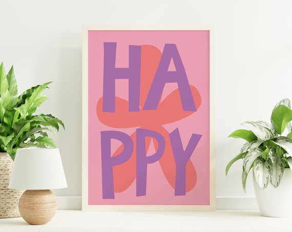 Happy Typography Purple Letters Pink Floral Inspirational Poster