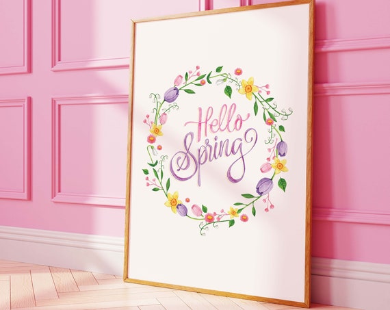 Hello Spring Print Art Cute Floral Art Print Pastel Spring Wall Art Trendy Easter Decor Spring Wall Decor