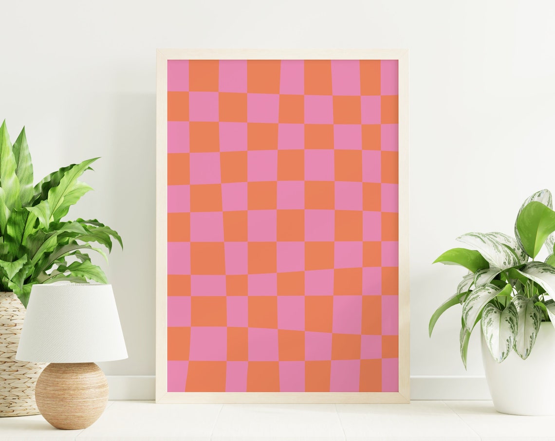 Pink And Orange Checkered Grid Trendy Retro Abstract Art Poster
