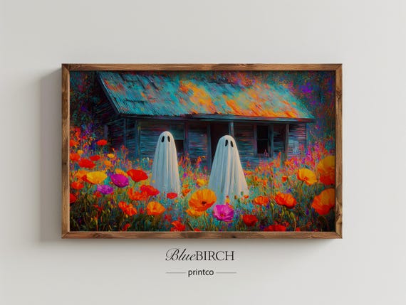 Rustic Halloween Frame Tv Art With Ghosts Old House In Flower Field For Autumn Decor Vintage Cabin Landscape 8